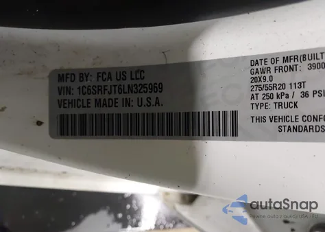 2020 Ram 1500 Laramie 4X4 5'7 Box z USA, uszkodzony, nr VIN 1C6SRFJT6LN325969